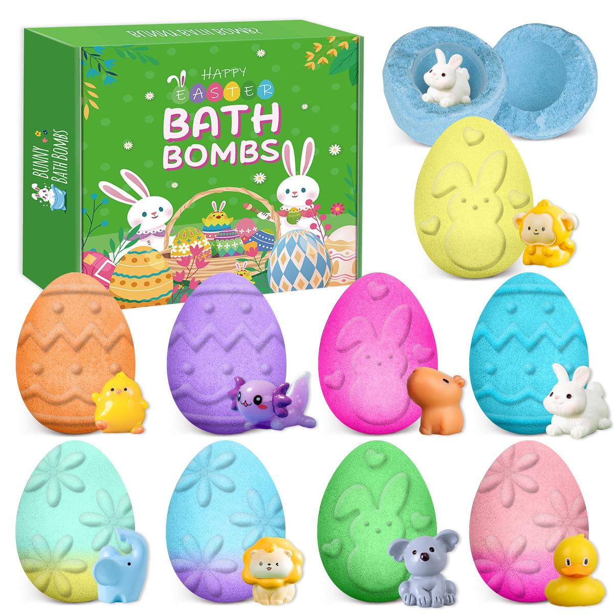 Bamamon Easter Egg Bath Bombs reveal a surprise toy during bath time.