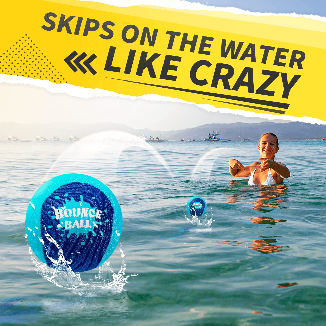 Bambilo skip bounce ball water play, floats for pool and beach games.