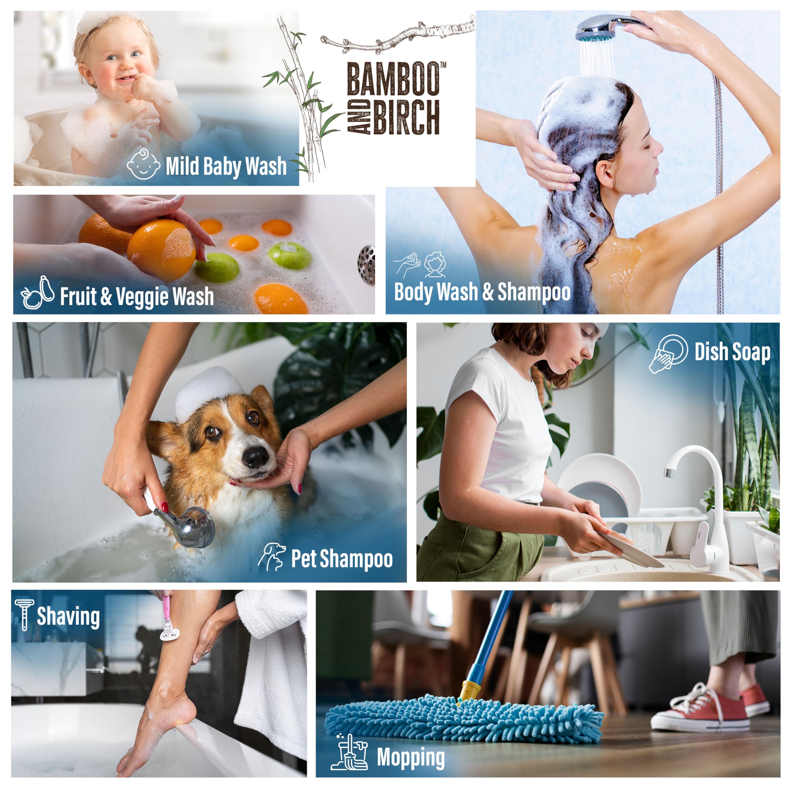 Bamboo and Birch castile soap liquid pump bottle for easy dispensing.