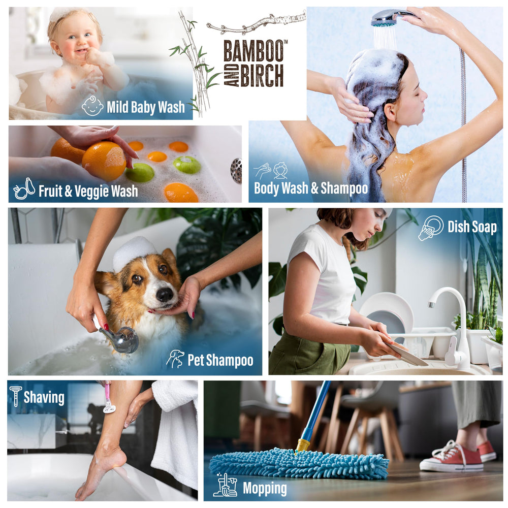 Bamboo and Birch castile soap liquid pump bottle for easy dispensing.