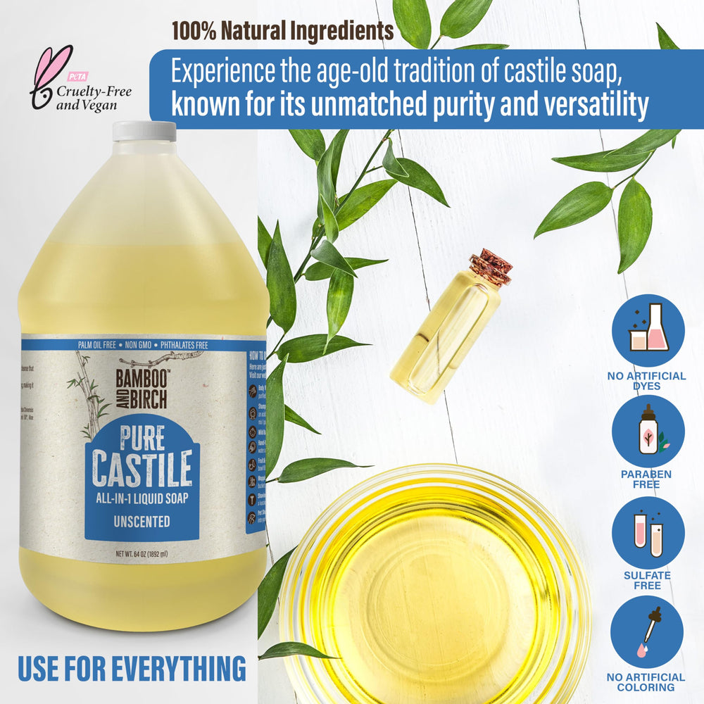 Bamboo and Birch cruelty-free vegan castile soap liquid symbol for ethical cleaning.