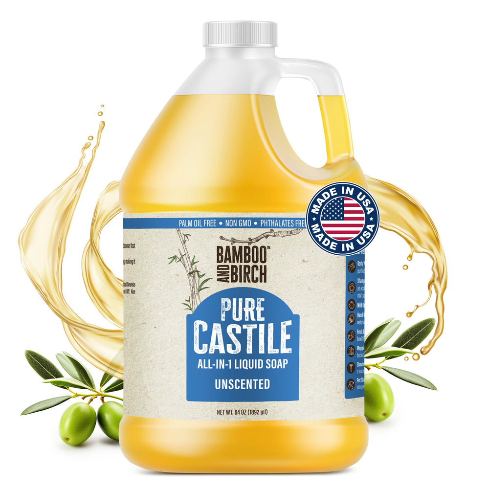 Bamboo and Birch Pure Castile Soap Liquid 64oz bottle for gentle, versatile cleansing.