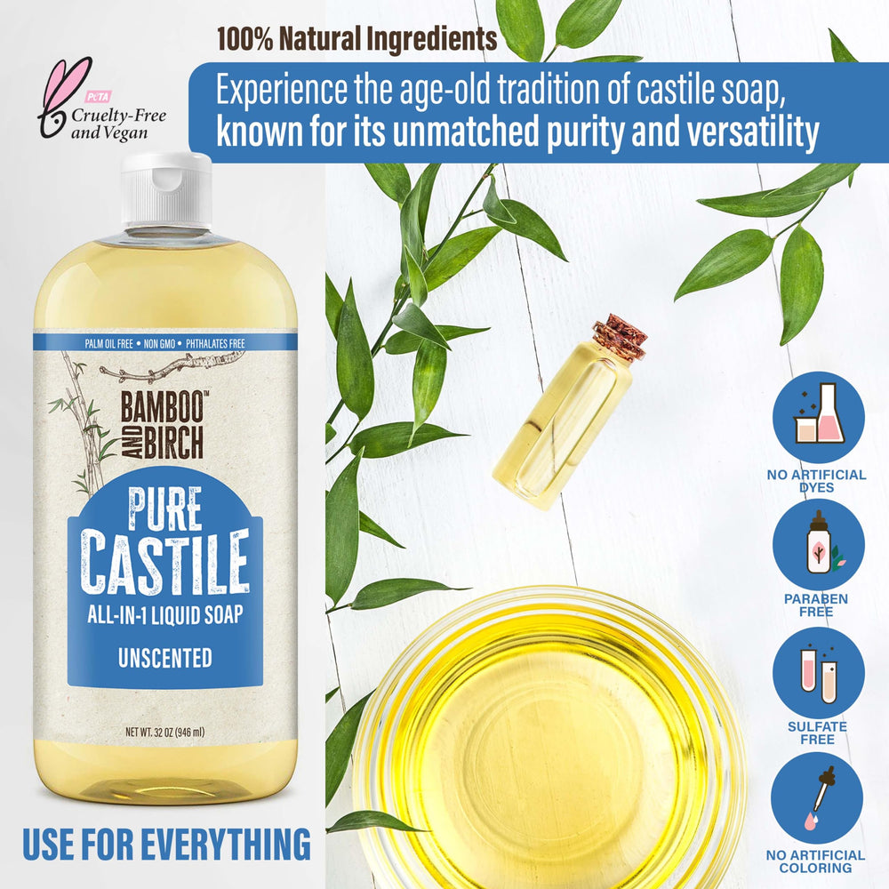 BAMBOO AND BIRCH Pure Castile Soap Liquid foamy lather closeup emphasizes gentleness