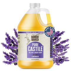 Bamboo and Birch Pure Castile Soap Lavender bottle pour for gentle cleansing.