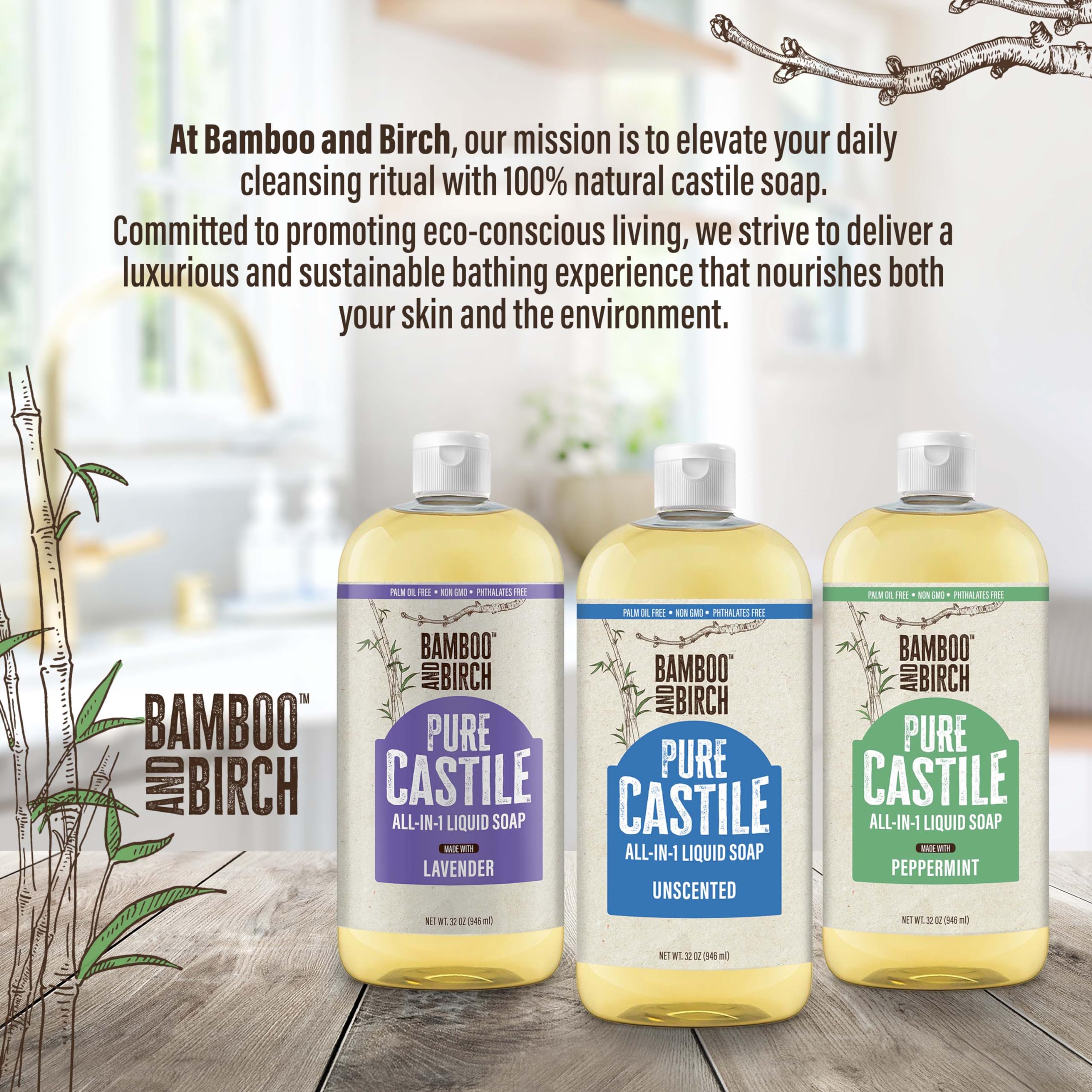 BAMBOO AND BIRCH Pure Castile Soap Liquid recyclable packaging highlights eco friendly choice