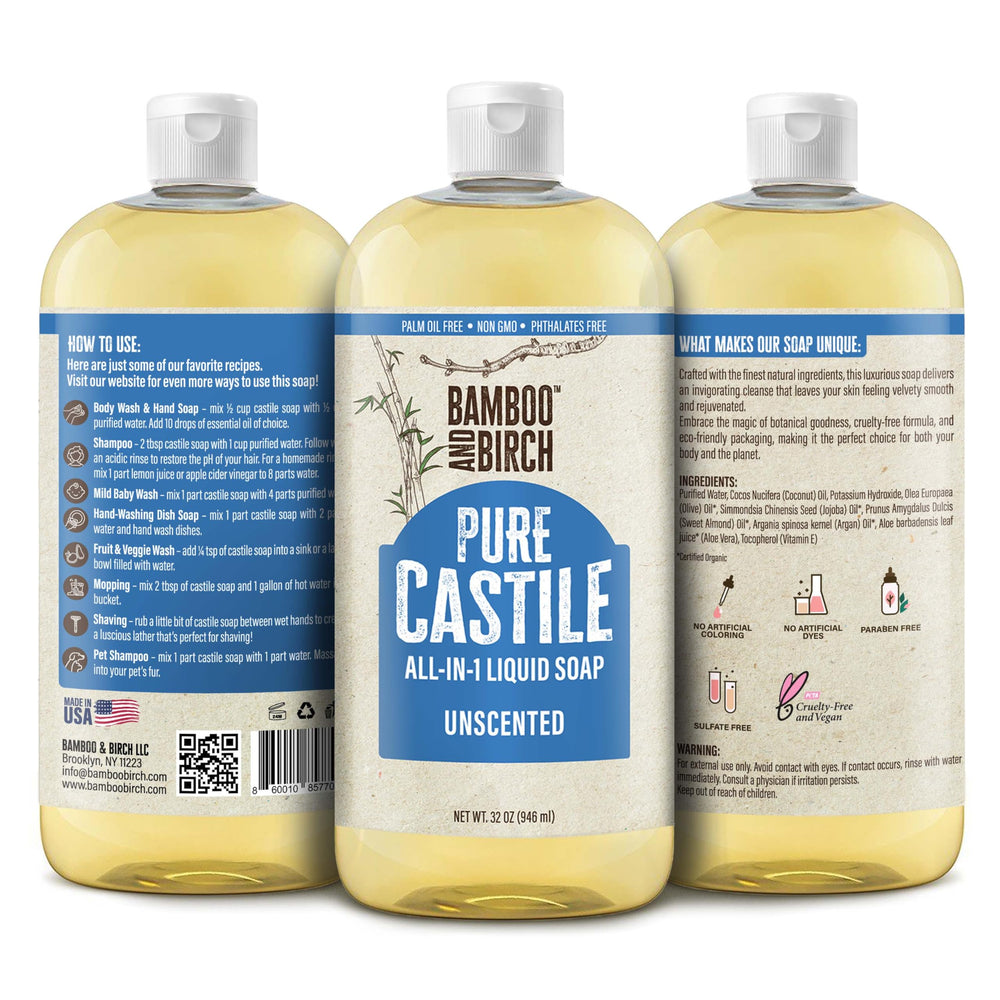 BAMBOO AND BIRCH Pure Castile Soap Liquid unscented 32oz bottle closeup highlights purity