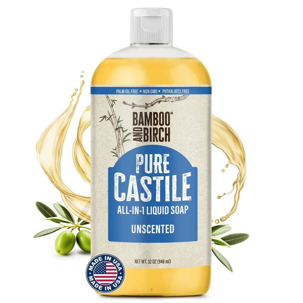BAMBOO AND BIRCH Pure Castile Soap Liquid unscented 32oz pour demonstrates gentle cleansing for skin