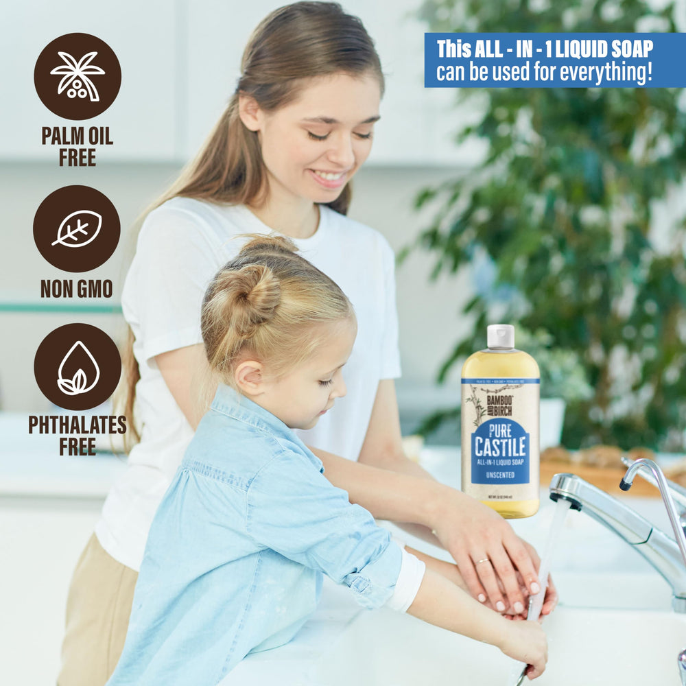 BAMBOO AND BIRCH Pure Castile Soap Liquid multiuse image suggests body, face, hair, and dishes