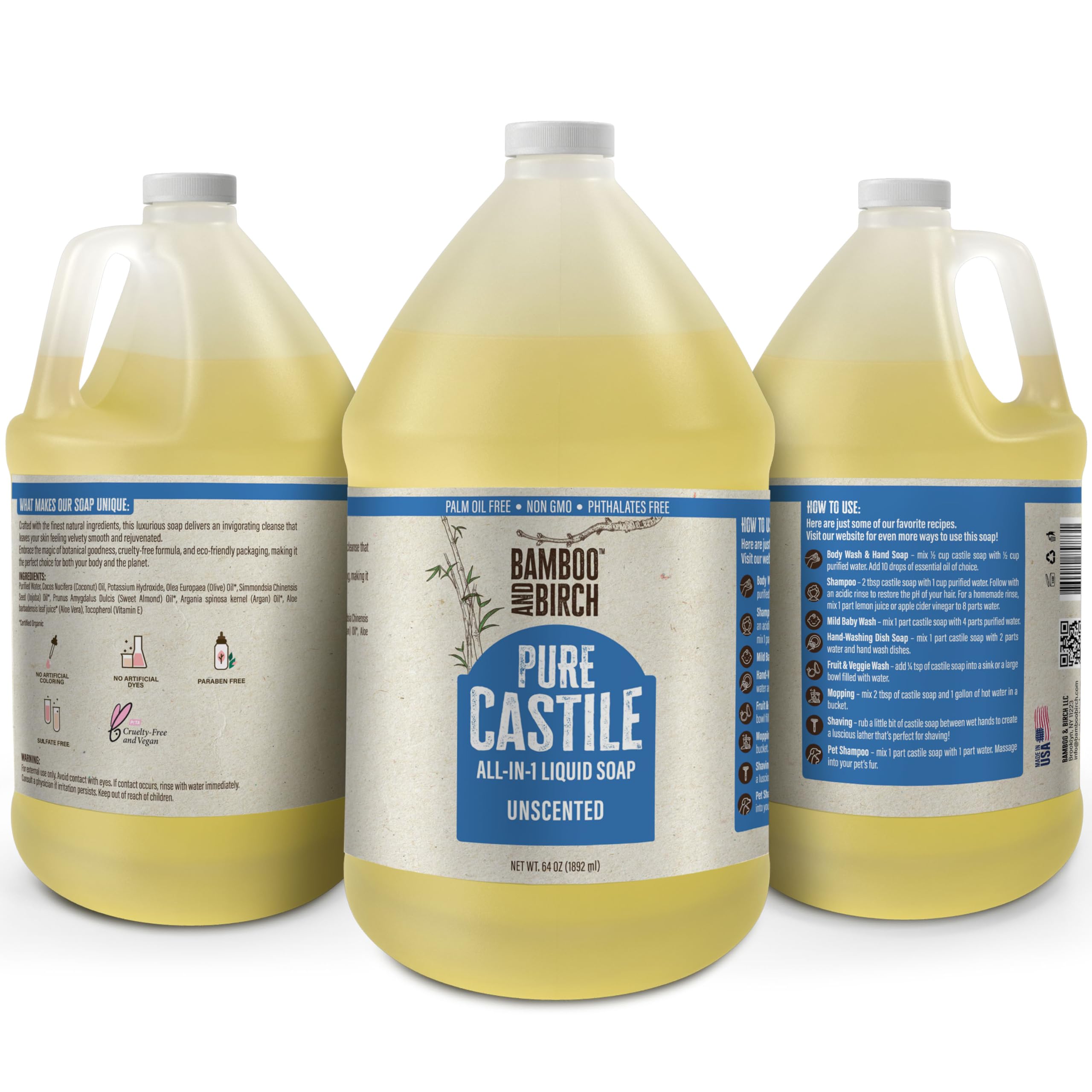 Bamboo and Birch unscented castile soap liquid bottle ideal for sensitive skin.