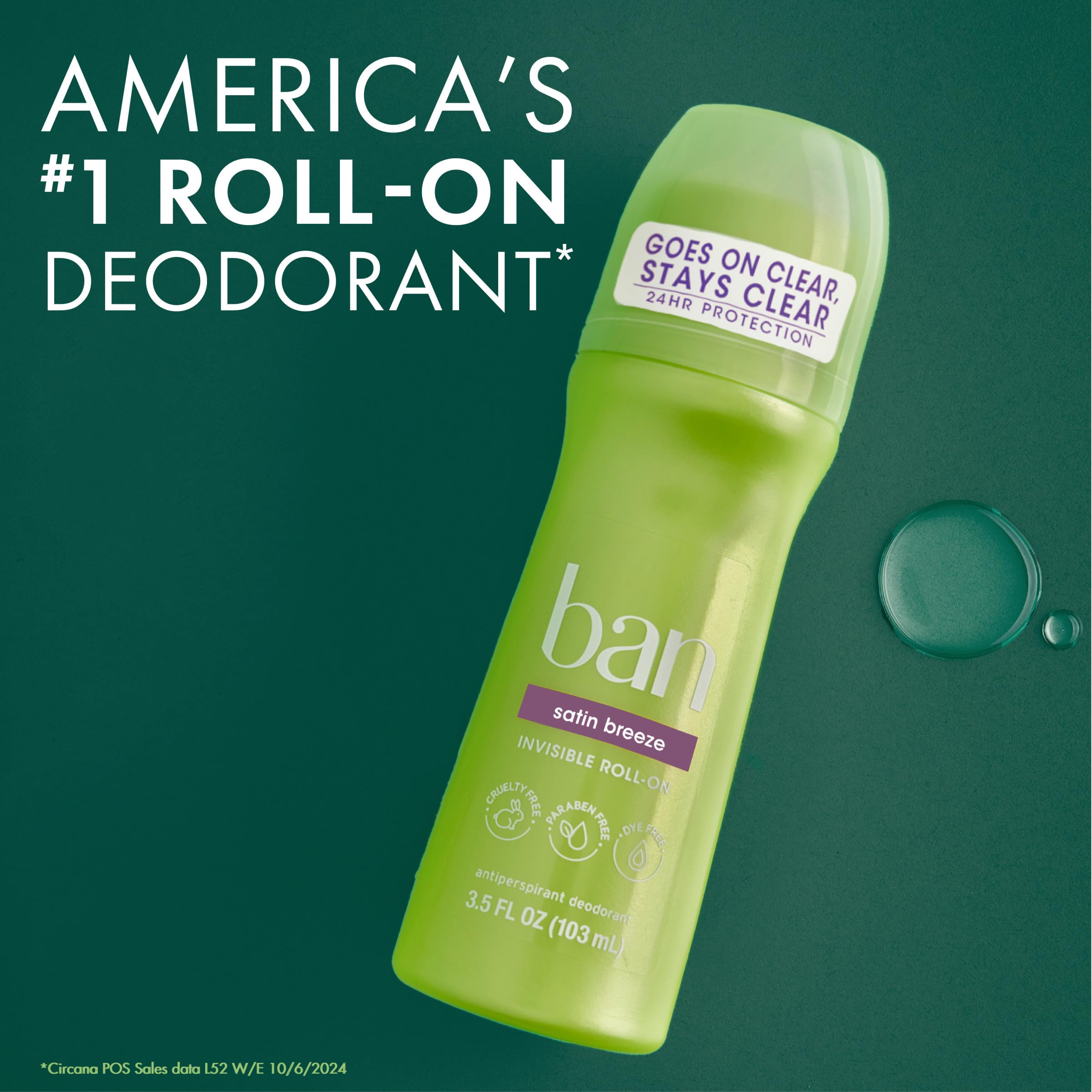 Ban Invisible Roll-On with odor-fighting ingredients targets odor-causing bacteria.