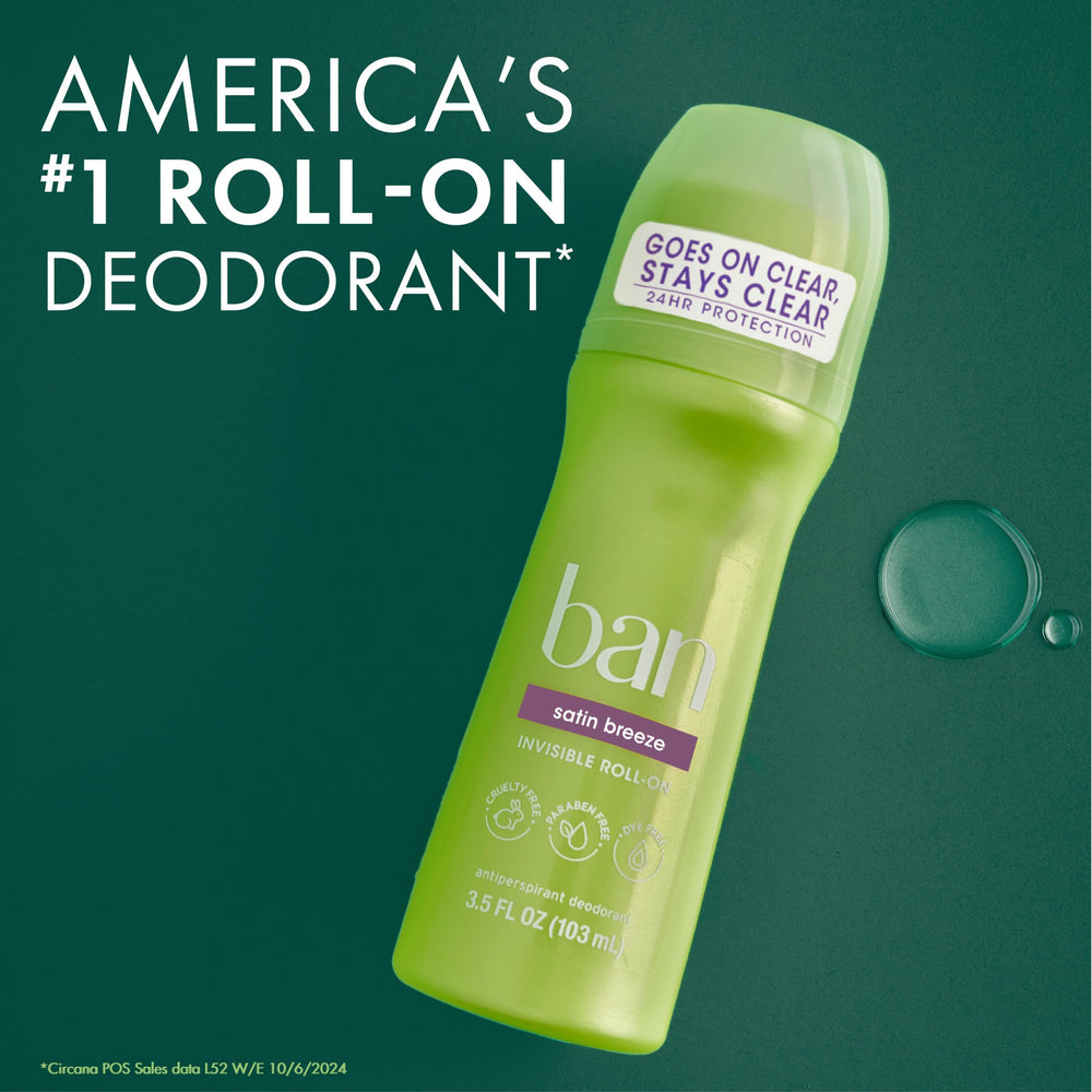 Ban Invisible Roll-On with odor-fighting ingredients targets odor-causing bacteria.