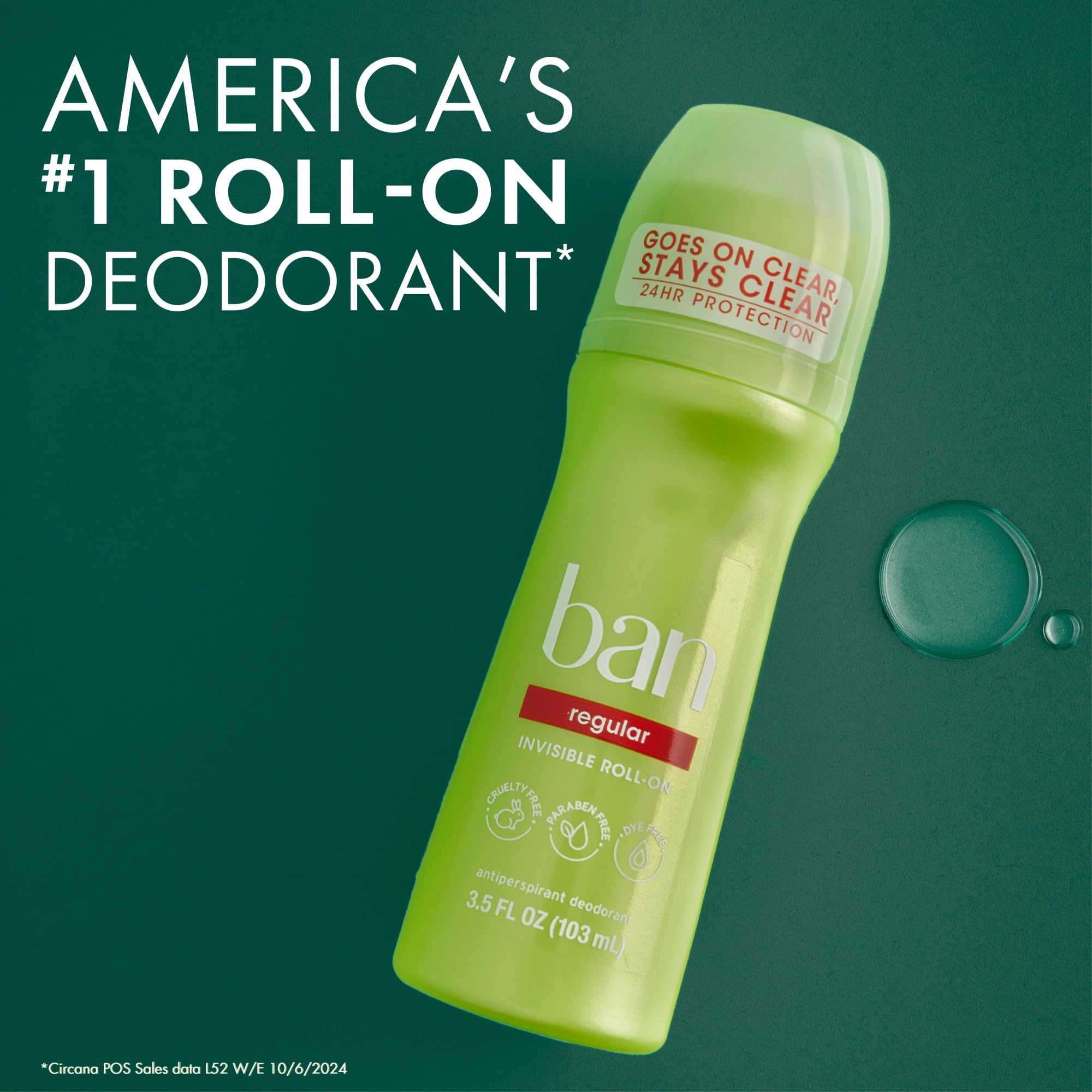 Ban Invisible Roll-On Regular Scent 24-hour protection suitable for busy days