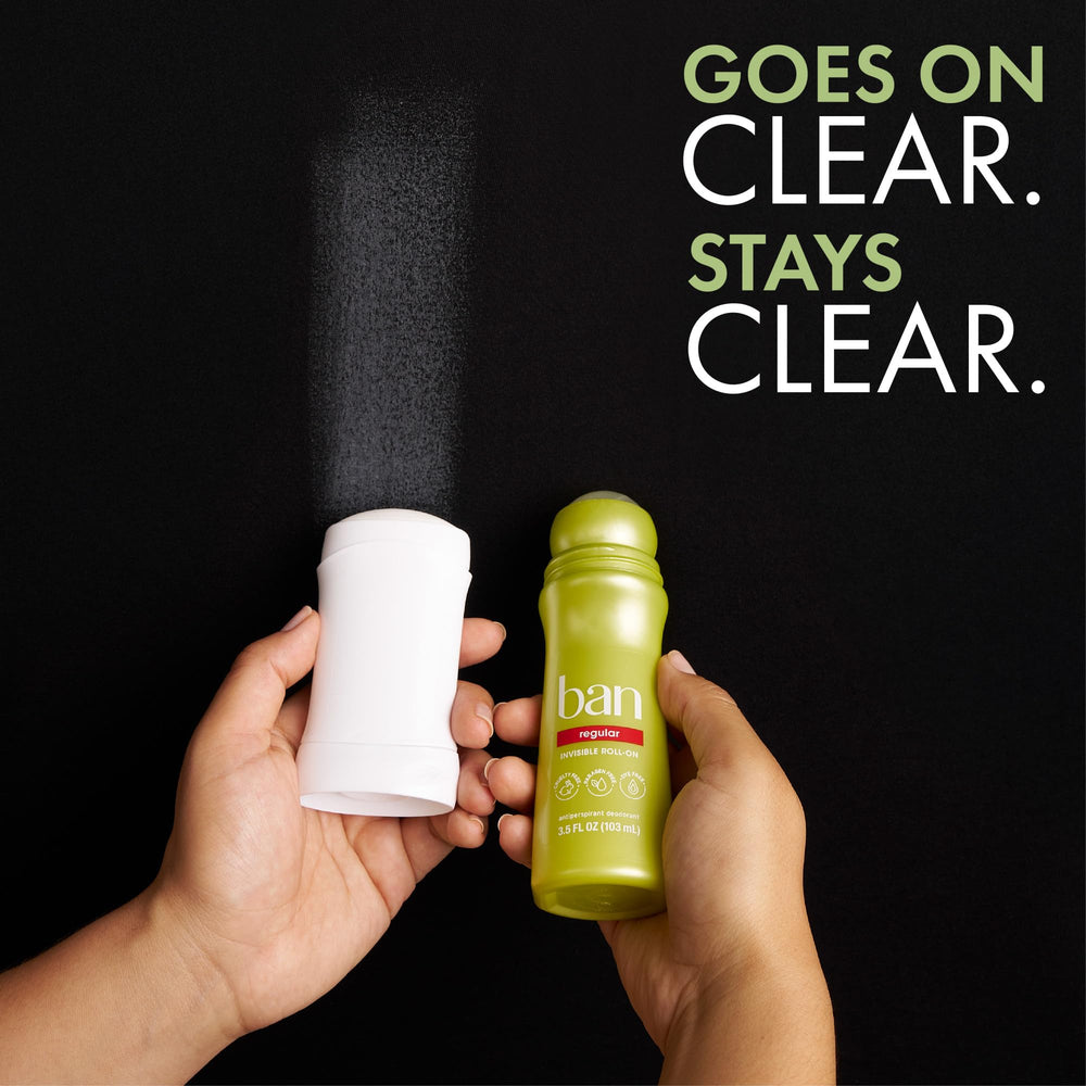 Ban Invisible Roll-On Regular Scent clear application leaves no visible residue