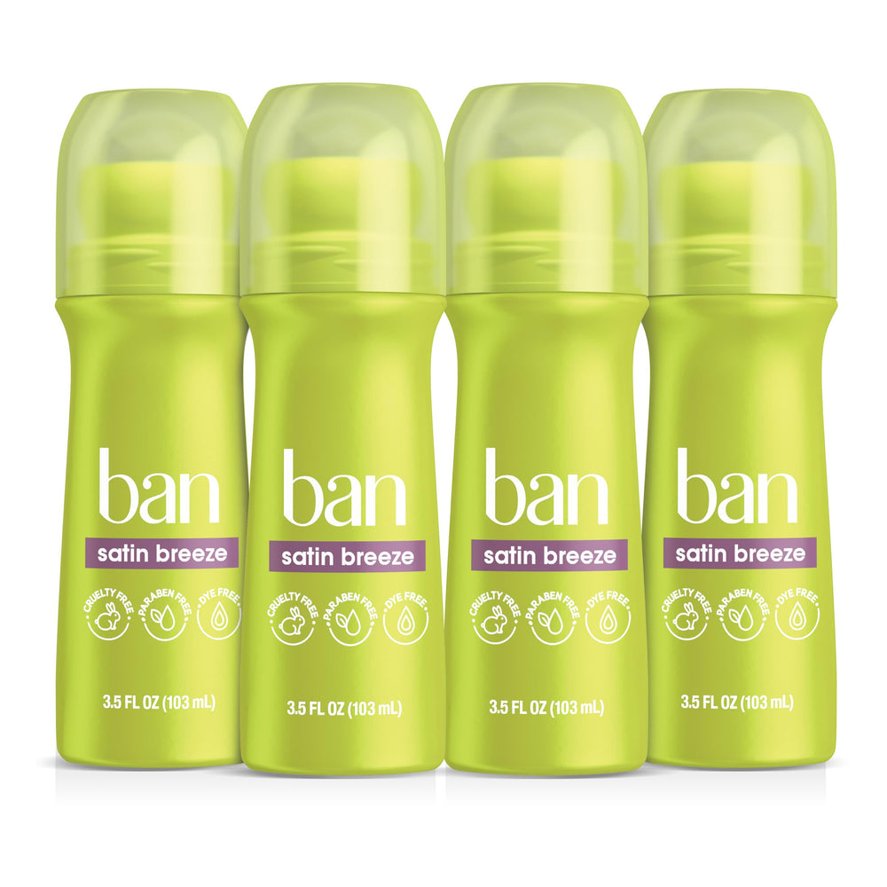 Ban Invisible Roll-On Satin Breeze 3-5oz pack shows clear, residue-free protection.