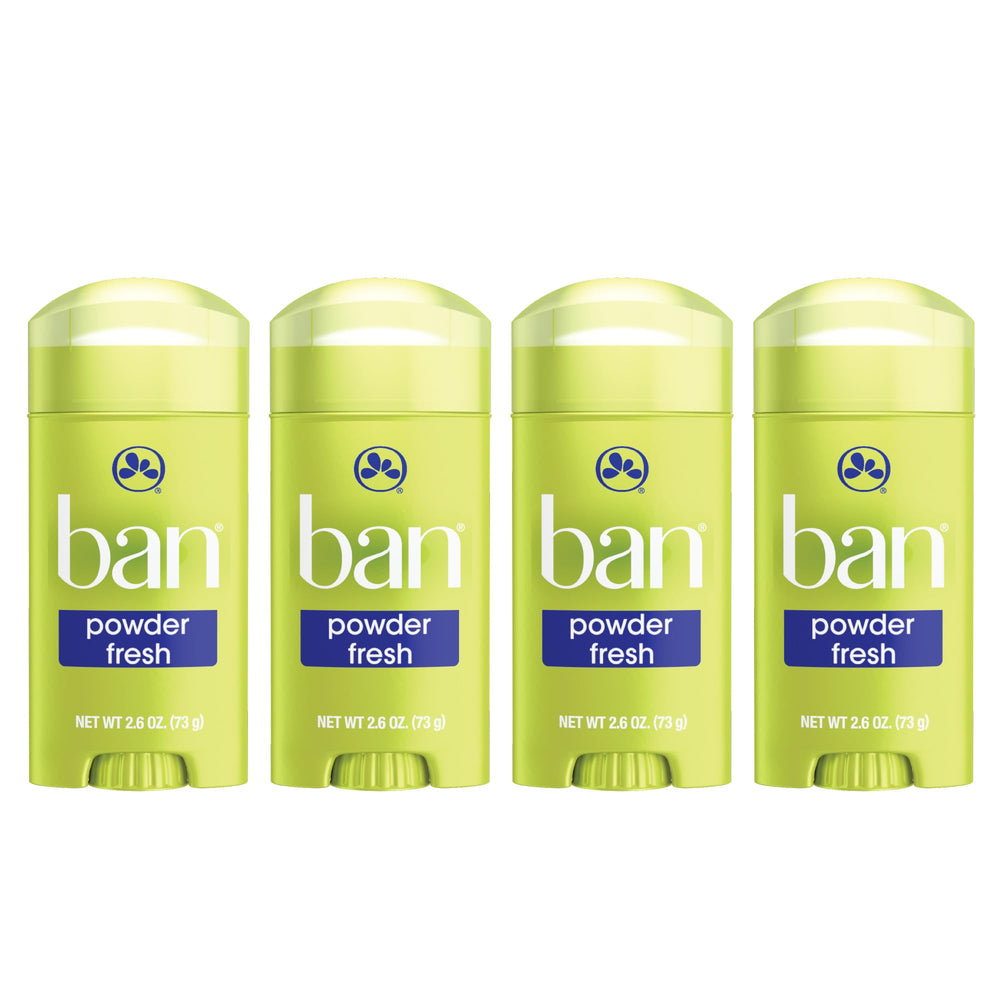Ban Invisible Solid Powder Fresh front-pack demonstrates four-pack convenience for all-day odor control.