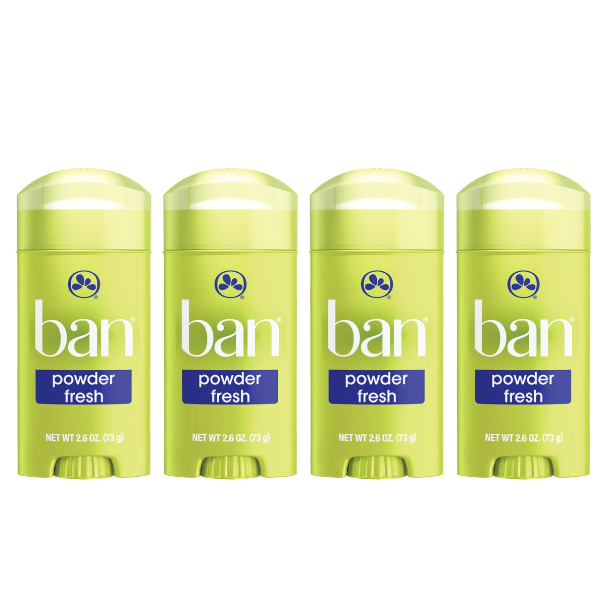 Ban Invisible Solid Powder Fresh front-pack demonstrates four-pack convenience for all-day odor control.