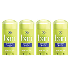 Ban Invisible Solid Powder Fresh front-pack demonstrates four-pack convenience for all-day odor control.