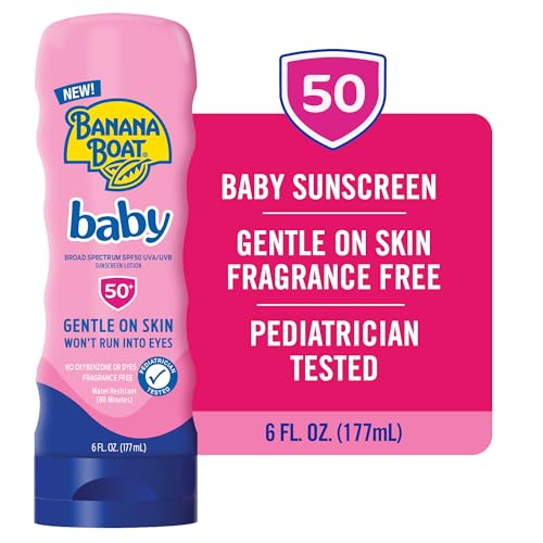 Close-up of Banana Boat Baby Lotion applied to a baby's arm