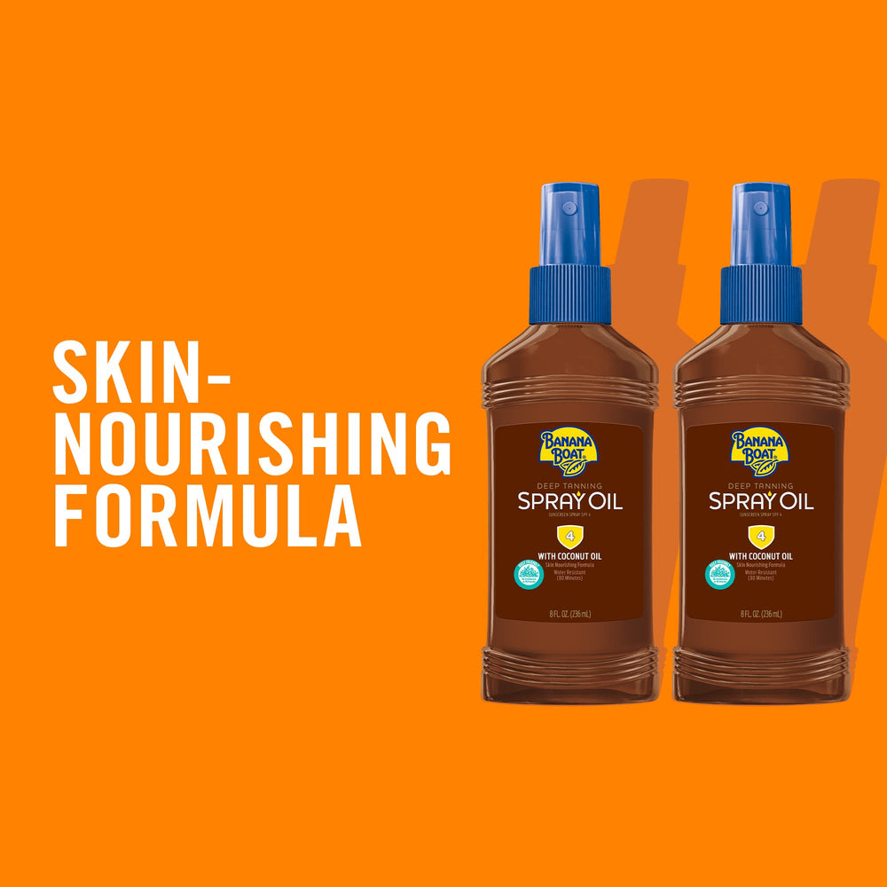 Banana Boat Deep Tanning Oil Spray SPF 4 bottle back label showing ingredients and SPF details