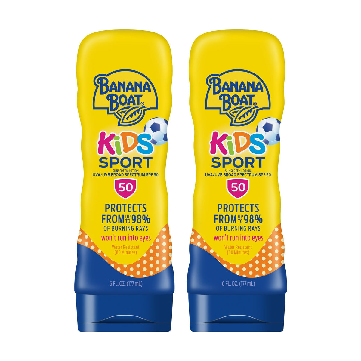 Banana Boat Kids Sport Lotion SPF 50 bottle close-up, dual-pack protection for active play.