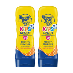 Banana Boat Kids Sport Lotion SPF 50 bottle close-up, dual-pack protection for active play.