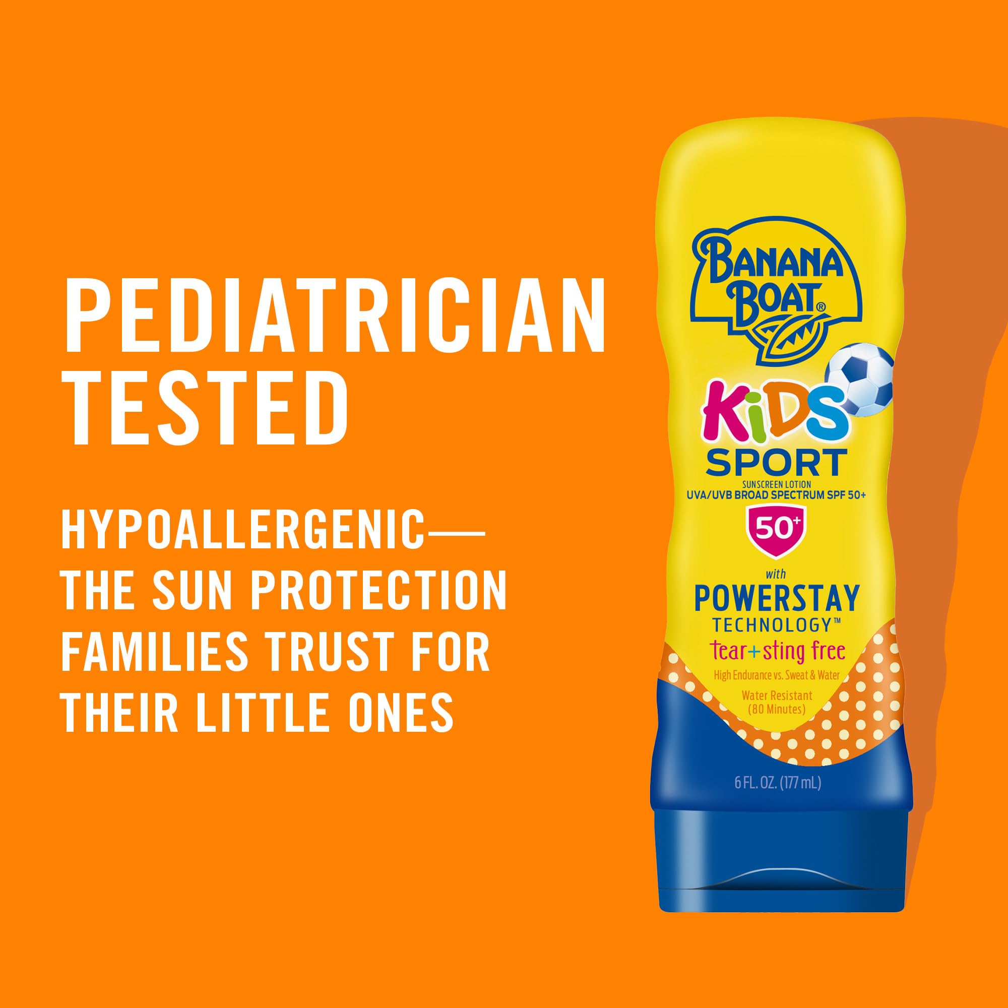 Banana Boat Kids Sport Lotion SPF 50 close-up, lightweight formula for quick absorption.