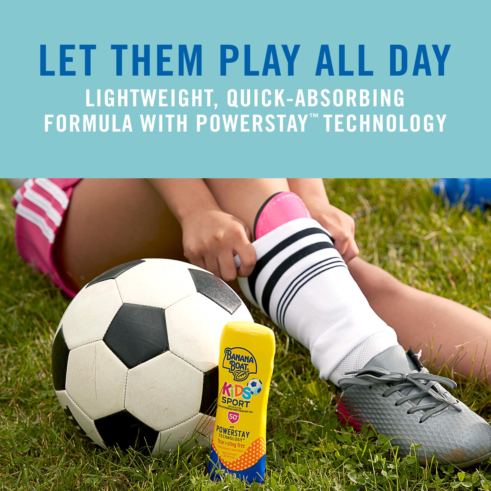 Banana Boat Kids Sport Lotion SPF 50 bottle, water-resistance up to 80 minutes.