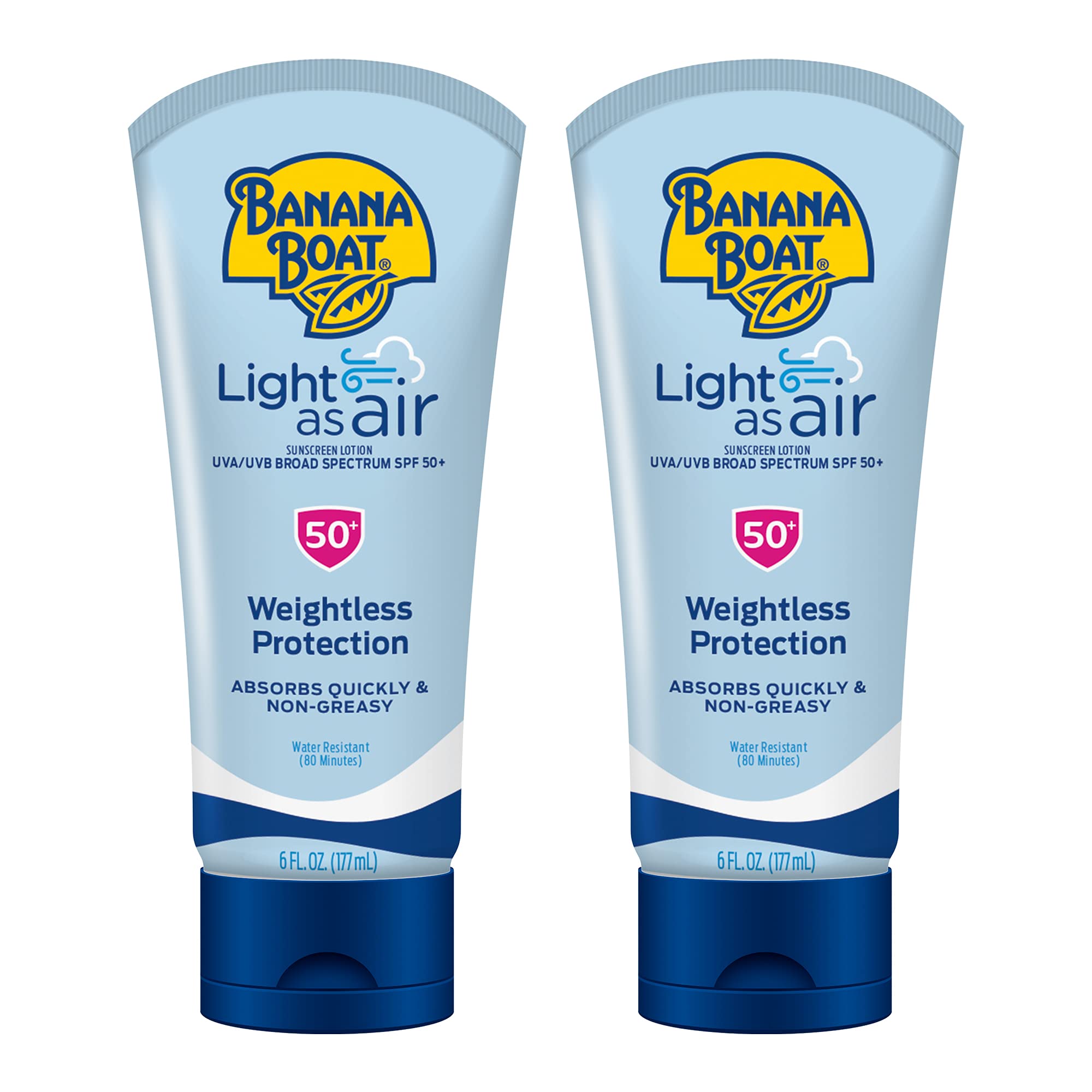 Banana Boat Light As Air SPF 50 lotion bottle ready for outdoor use and quick absorption.