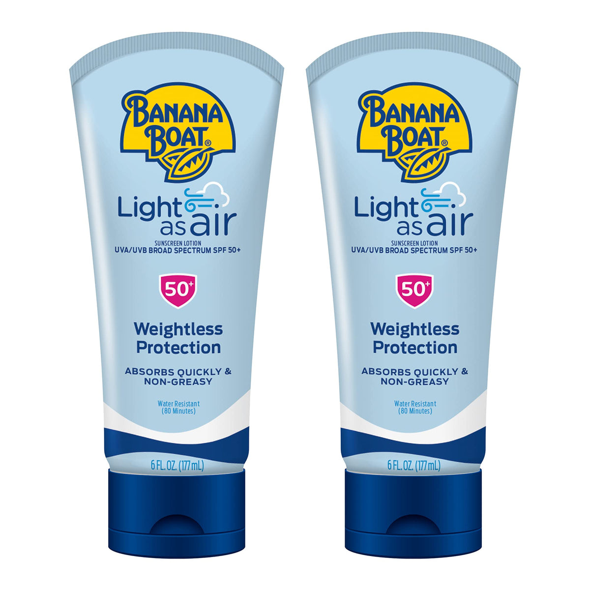 Banana Boat Light As Air SPF 50 lotion bottle ready for outdoor use and quick absorption.