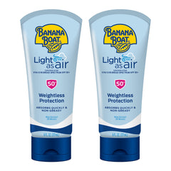 Banana Boat Light As Air SPF 50 lotion bottle ready for outdoor use and quick absorption.