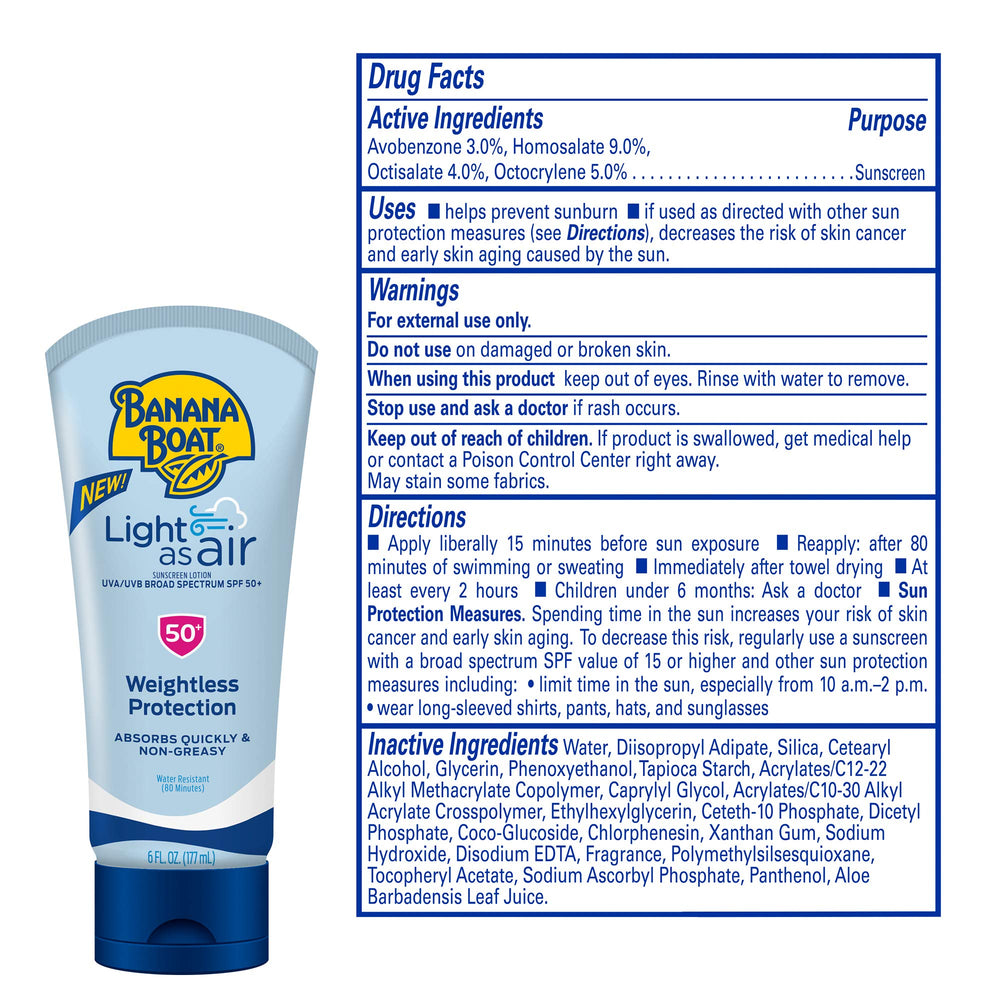 Applying Banana Boat Light As Air SPF 50 with a fast, clear rub-in.