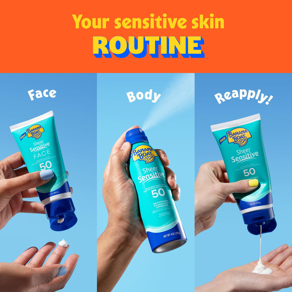 Banana Boat Sheer Sensitive logo on packaging confirms dermatologist-approved design.