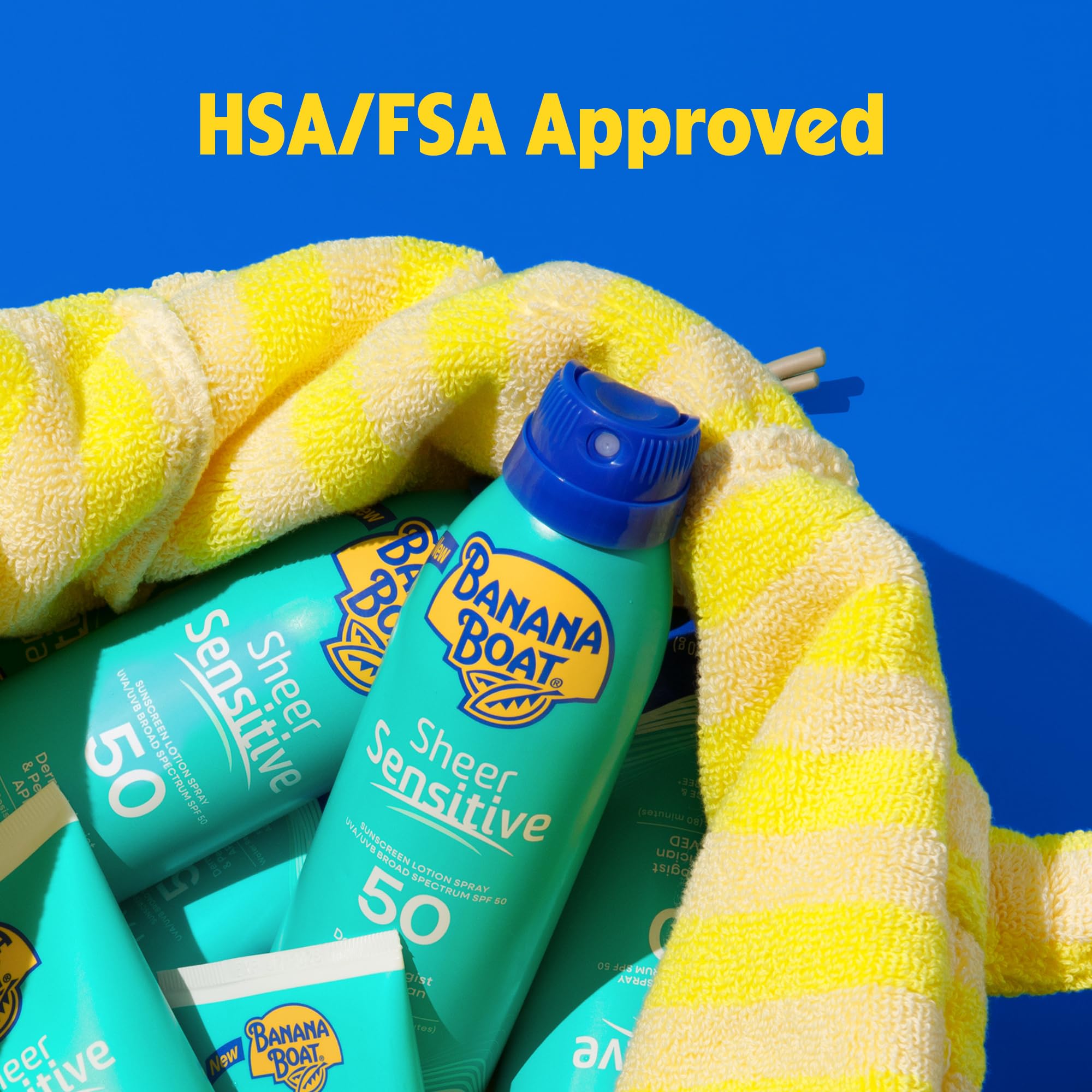 Banana Boat Sheer Sensitive Face Lotion SPF 50 bottle beside beach gear