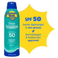 Banana Boat Sheer Sensitive SPF 50 label close-up shows broad spectrum protection.
