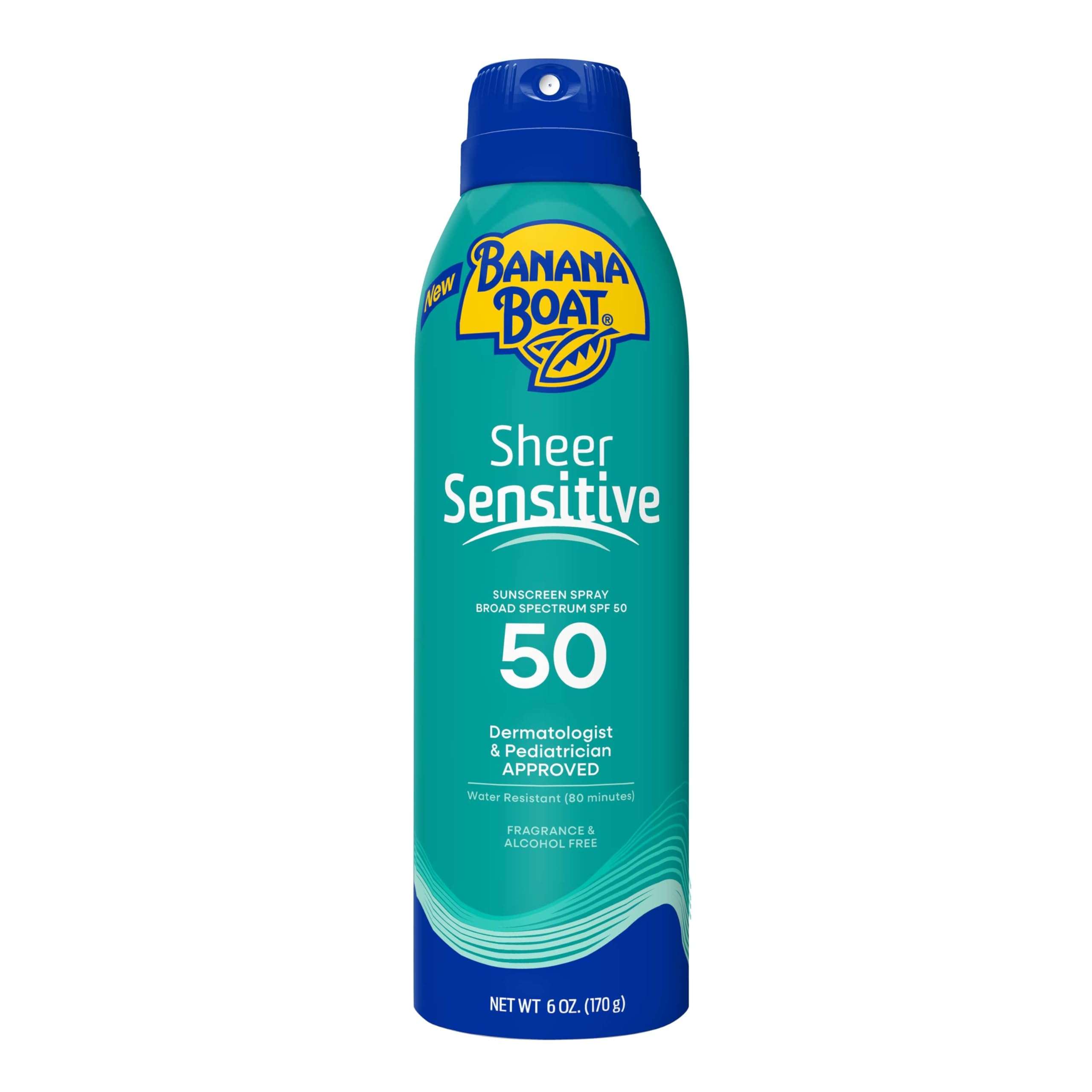 Banana Boat Sheer Sensitive SPF 50 spray bottle front view for easy daily protection.