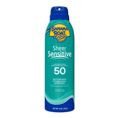 Banana Boat Sheer Sensitive SPF 50 spray bottle front view for easy daily protection.