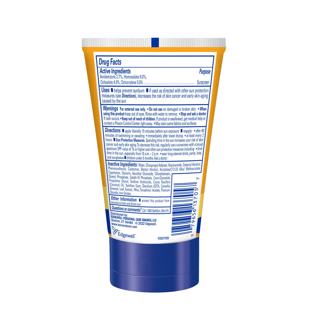 Banana Boat SPF50 sunscreen texture close-up, non-greasy feel under makeup.