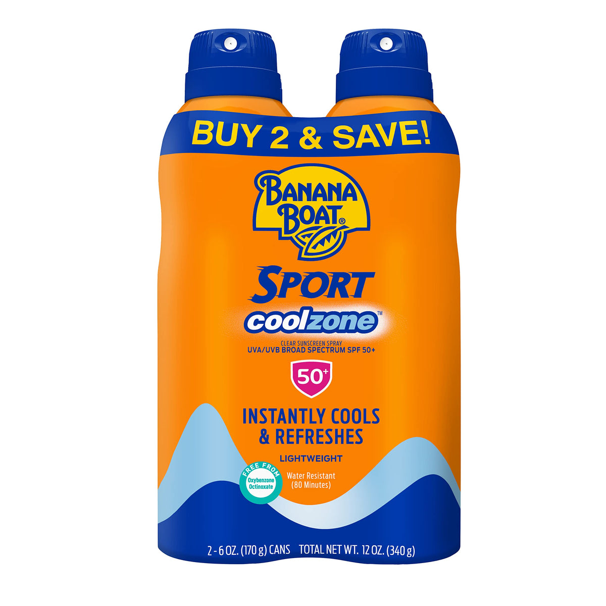 Banana Boat Sport Cool Zone SPF 50 spray bottle delivers instant cooling on hot days.