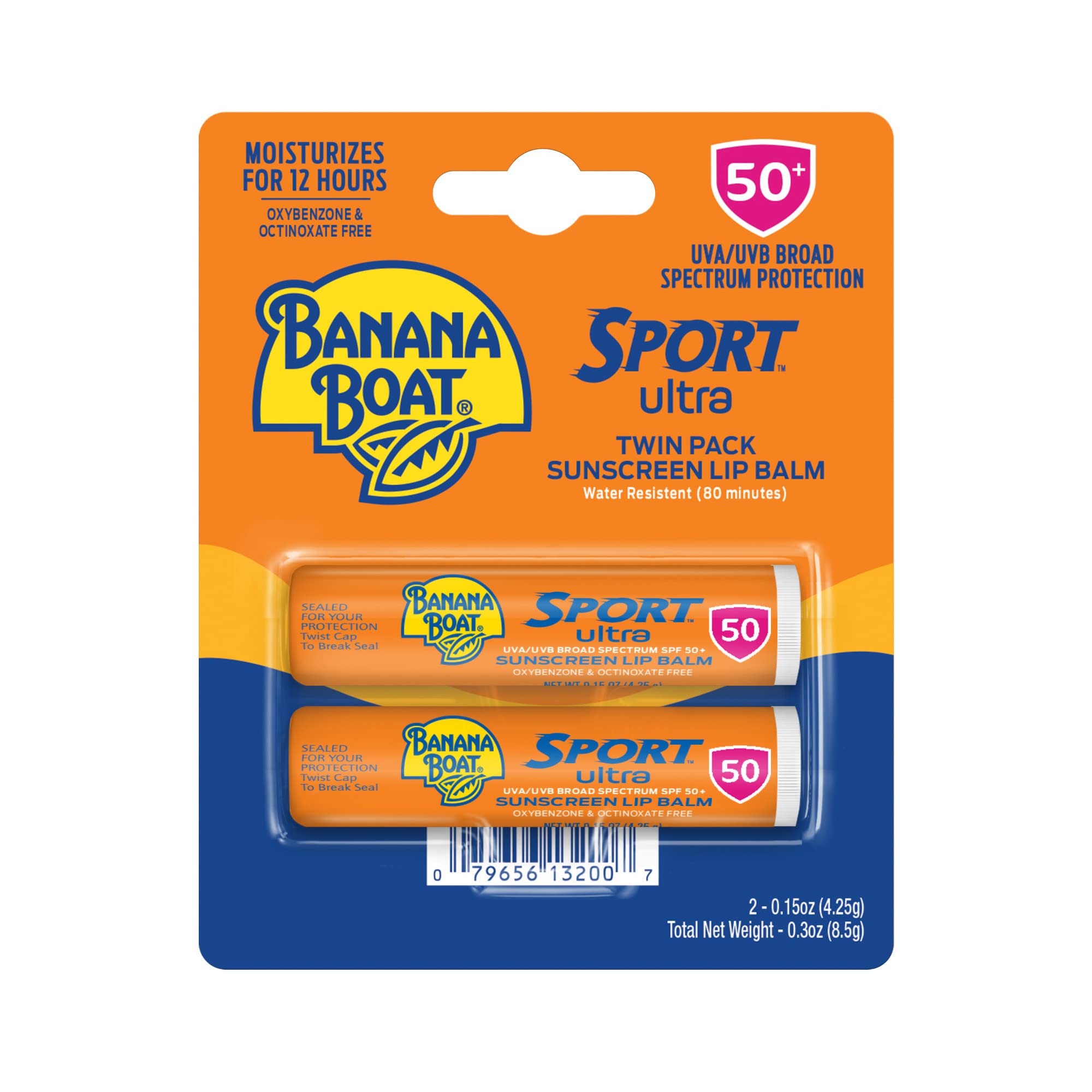 Banana Boat Sport Ultra SPF 50 lip sunscreen twin pack protects lips during winter activities.