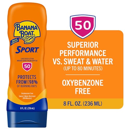 Banana Boat Sport Ultra SPF 50 lotion shown during activity, water-resistant.