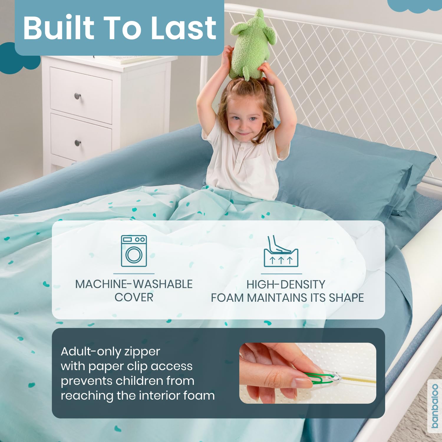 BANBALOO soft-touch bed rail reduces risk of scratches near metal edges.