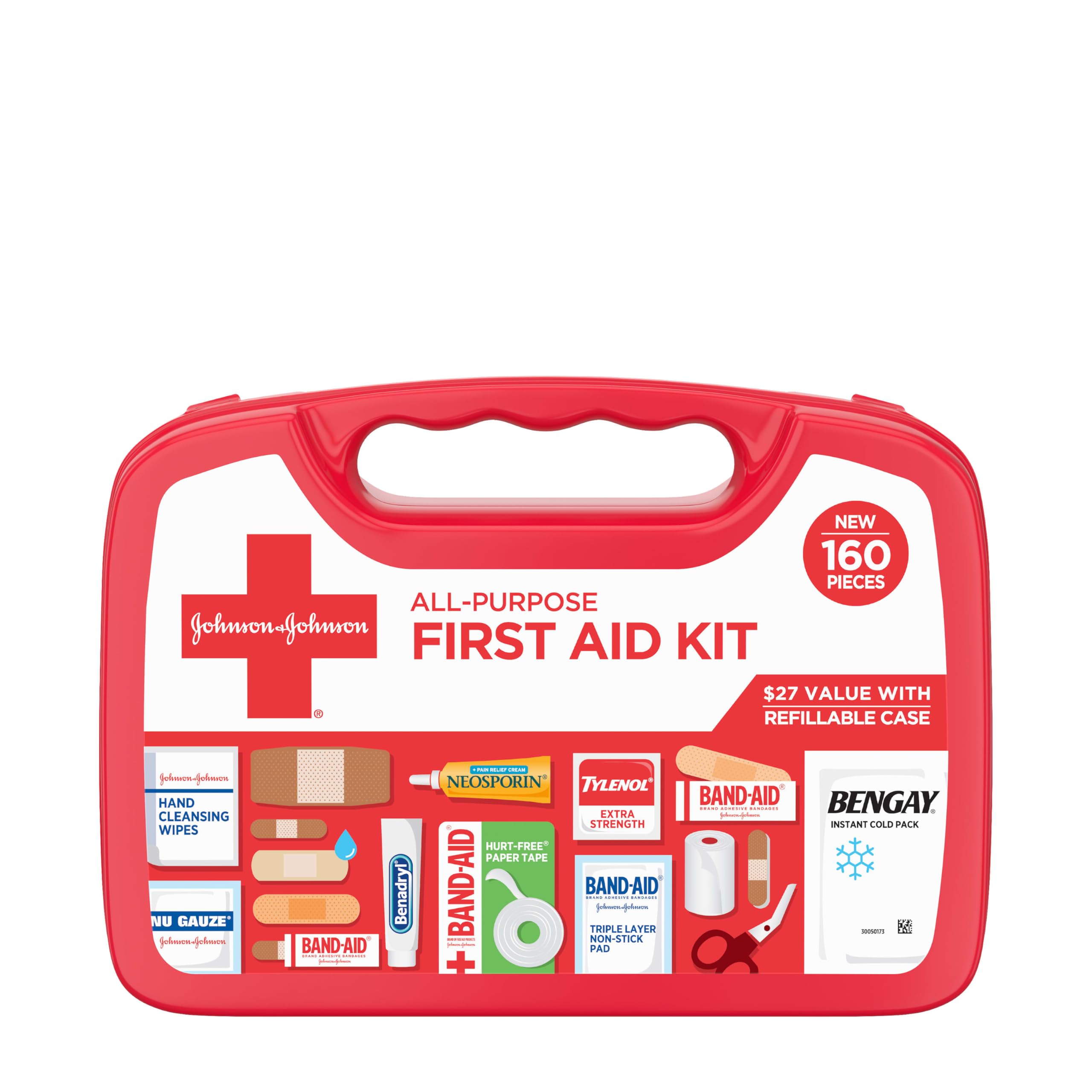 Band-Aid all-purpose portable first aid kit in a compact box for home and travel.