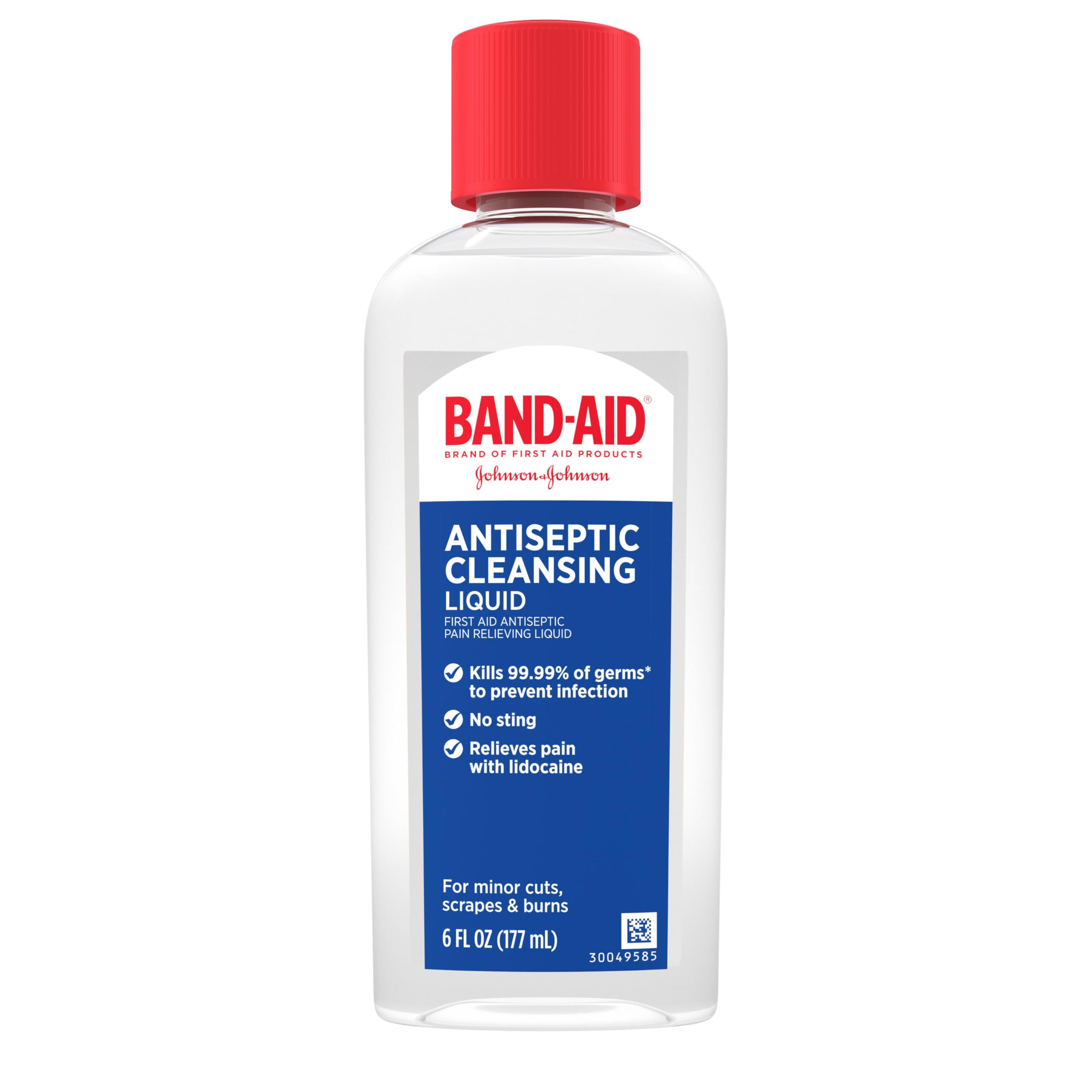 Band-Aid antiseptic cleansing liquid bottle used for wound cleaning and pain relief.
