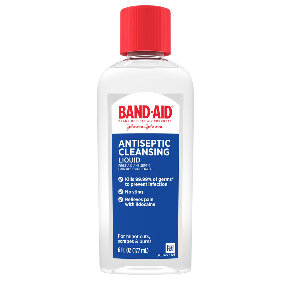 Band-Aid antiseptic cleansing liquid bottle used for wound cleaning and pain relief.