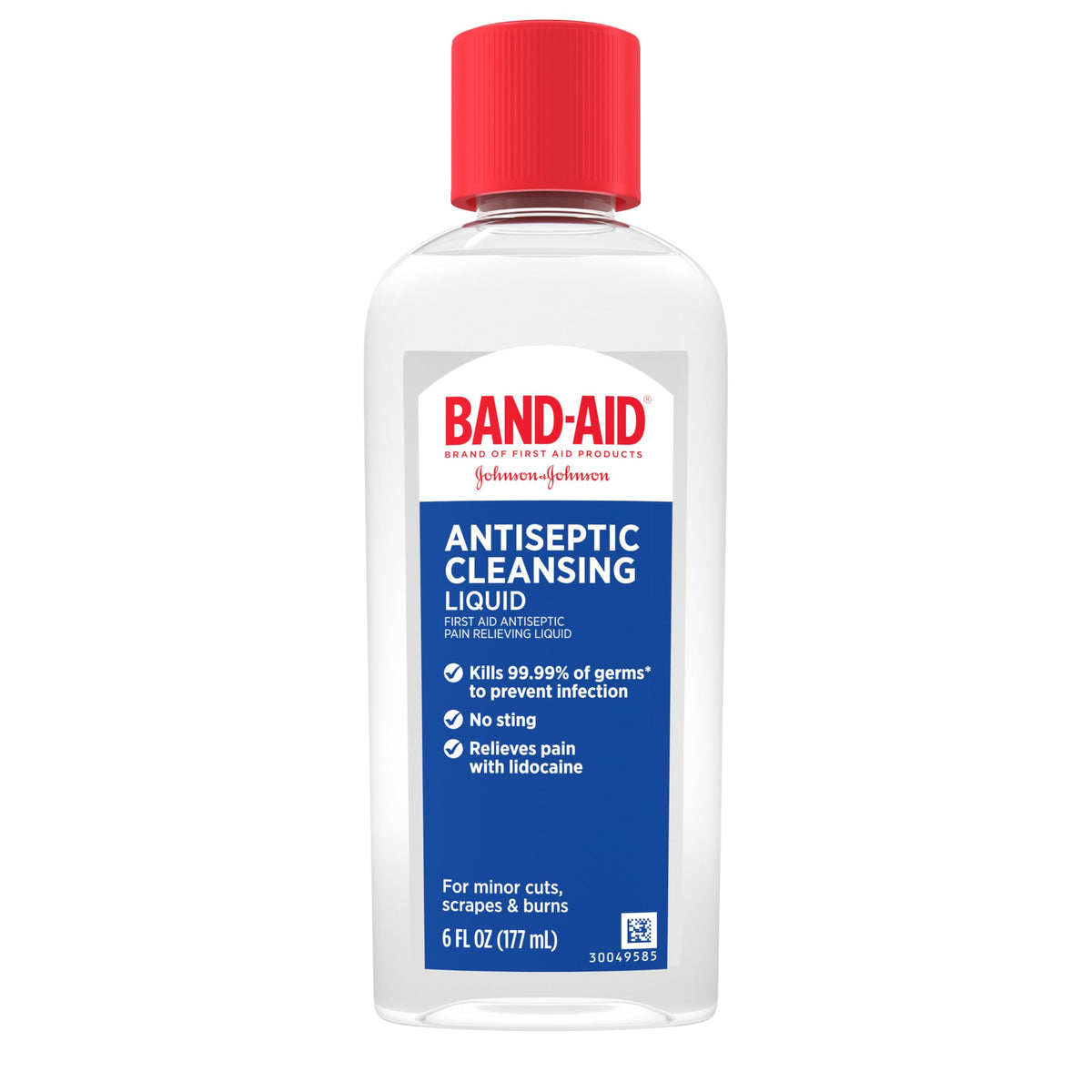 Band-Aid antiseptic cleansing liquid bottle used for wound cleaning and pain relief.