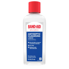 Band-Aid antiseptic cleansing liquid bottle used for wound cleaning and pain relief.