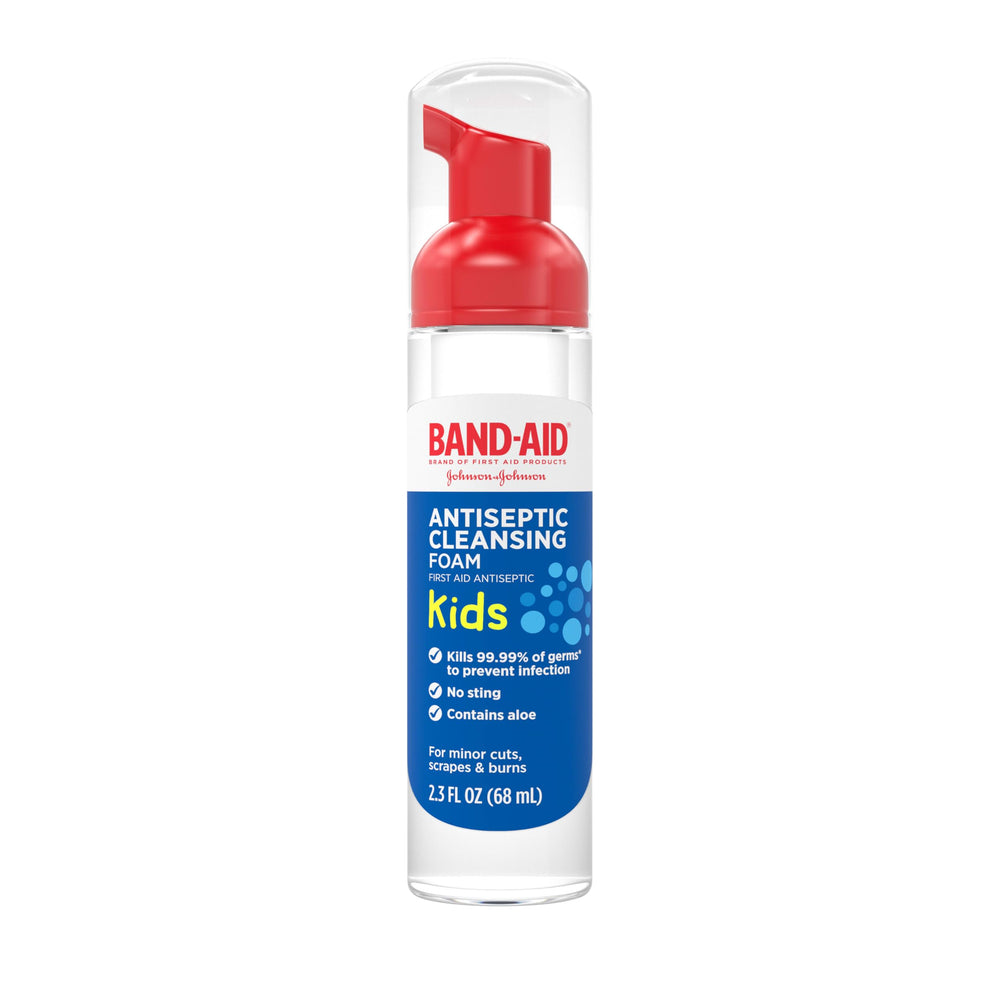 Band-Aid Brand antiseptic cleansing foam for kids bottle kills germs to help prevent infection.