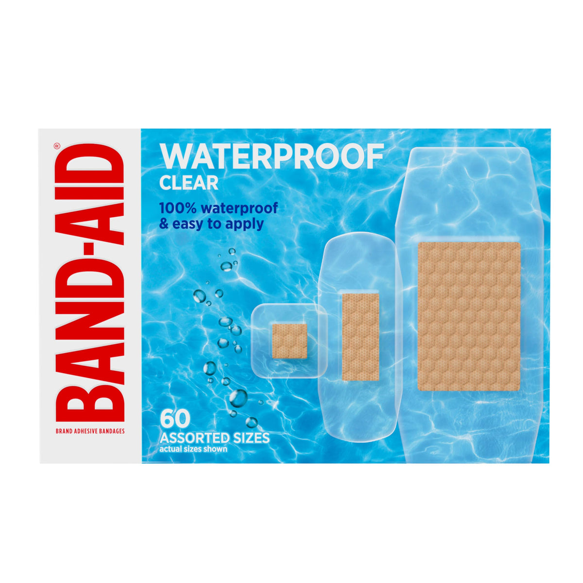 BAND-AID Brand Clear Waterproof Bandages on box front stay on through showers