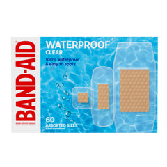 BAND-AID Brand Clear Waterproof Bandages on box front stay on through showers