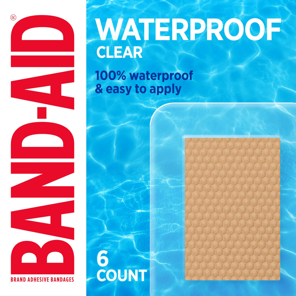 Band-Aid brand clear waterproof jumbo bandages protect minor wounds during daily activities.